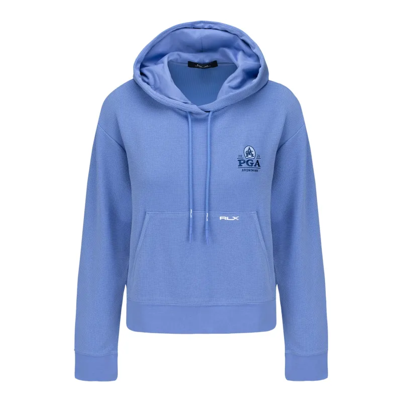 Ralph Lauren 2026 PGA Championship Women's Tech Waffle Knit Hooded Sweatshirt in Blue Mist sold by PGA Tour