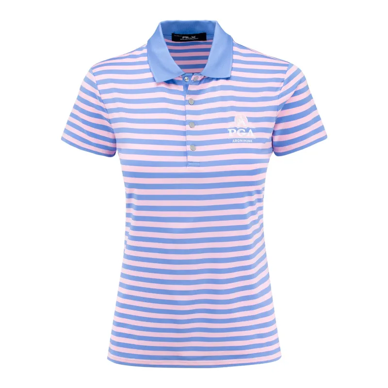 Ralph Lauren 2026 PGA Championship Women's Lightweight Airflow 4-Snap Placket Stripe Polo in Blue Mist and Light Pink made by Ralph Lauren