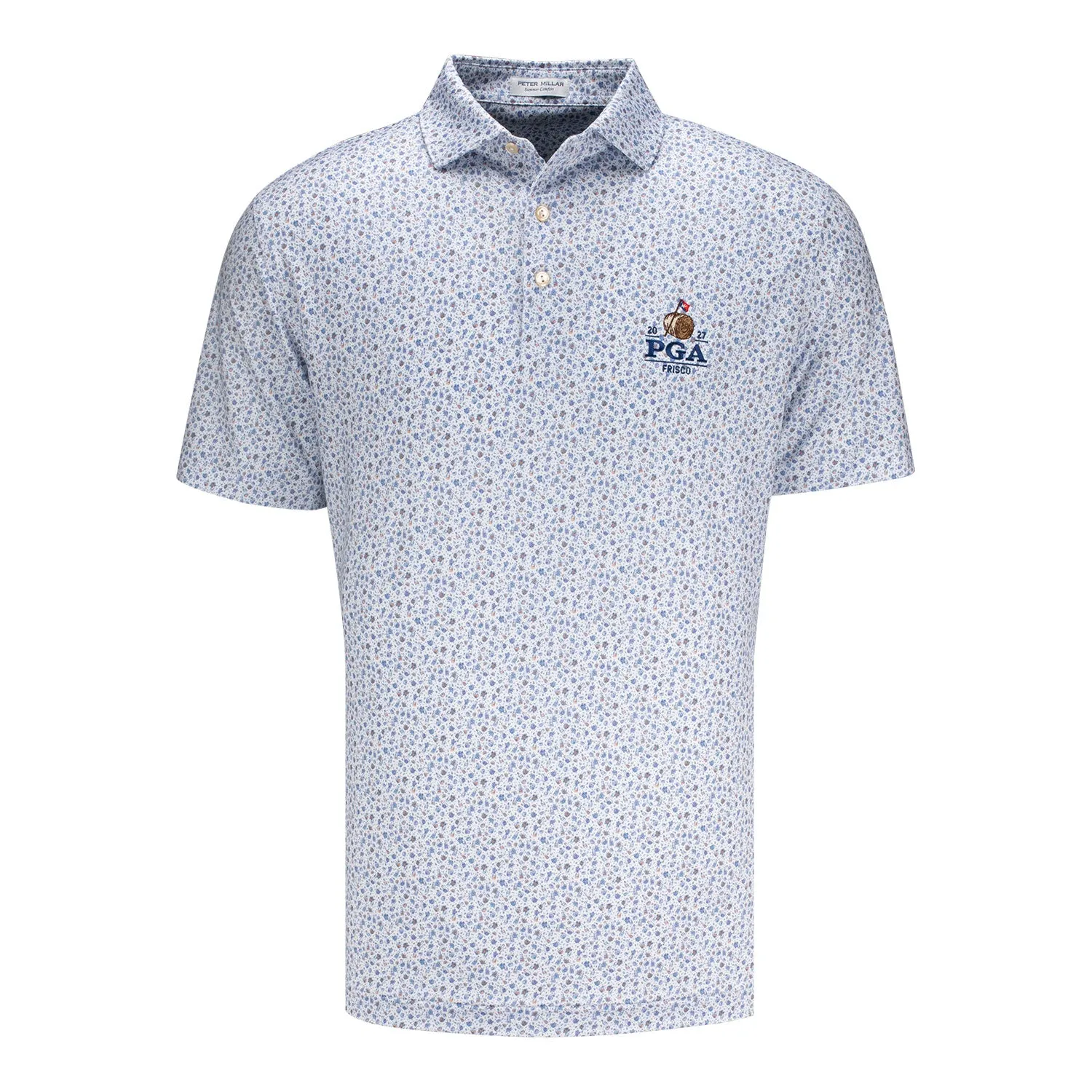 Peter Millar 2027 PGA Championship Ranch Water Performance Polo in White and Blue sold by PGA Tour