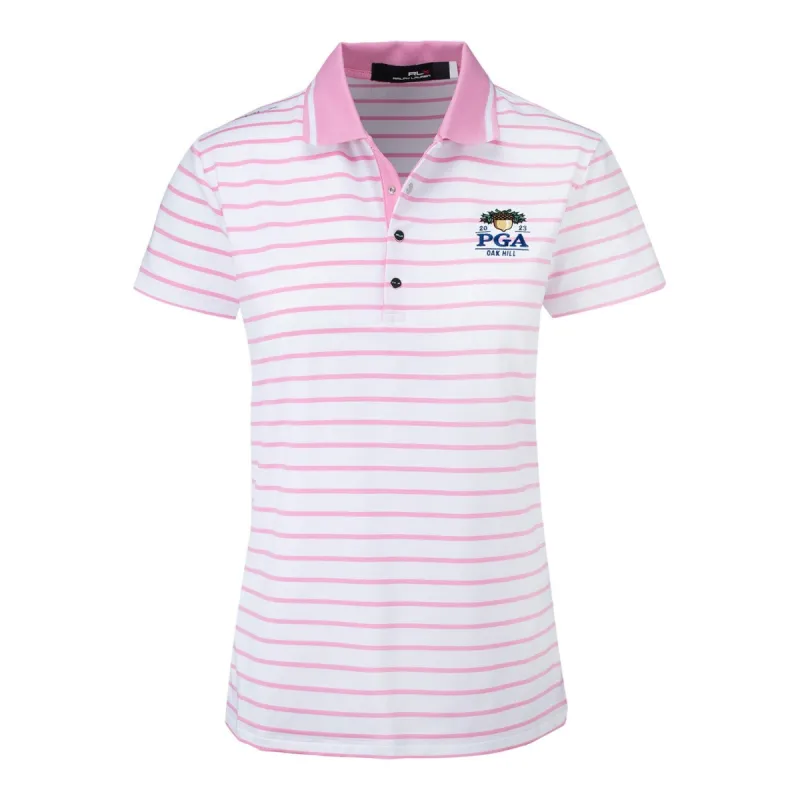 Ralph Lauren 2023 PGA Championship Womens Lightweight Airflow Polo in Pink & White sold by PGA Tour