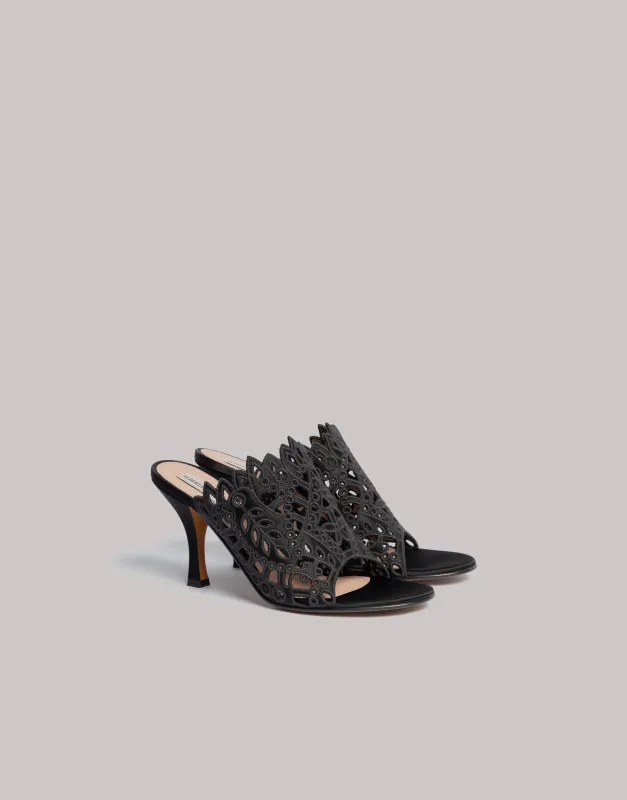 Mules in raso con broderie anglaise made by Alberta Ferretti