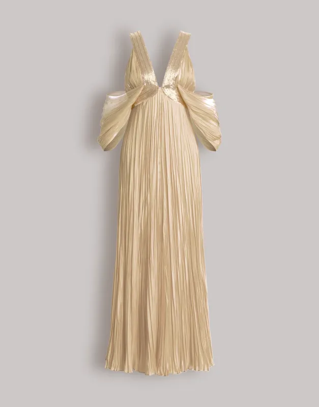 Abito lungo in chiffon plissé con dettaglio oro sold by Philosophy di Lorenzo Serafini