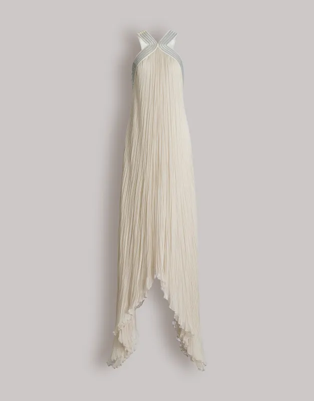 Abito lungo in chiffon plissé con ricami metallici made by Alberta Ferretti