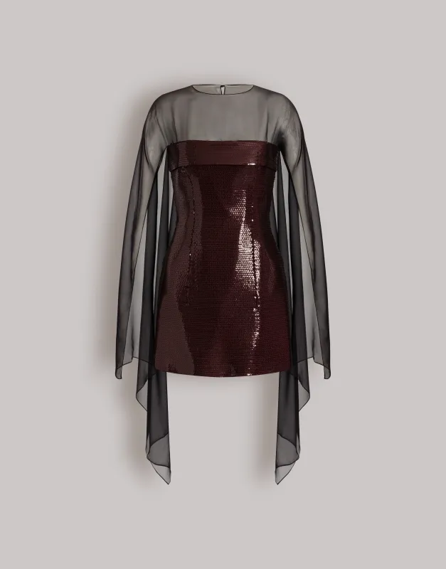 Abito corto in paillettes con mantellina trasparente made by Alberta Ferretti