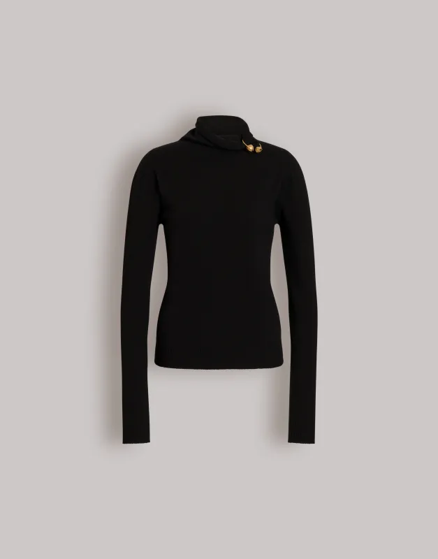 Maglione a collo alto in lana, seta e cashmere con spilla floreale made by Alberta Ferretti