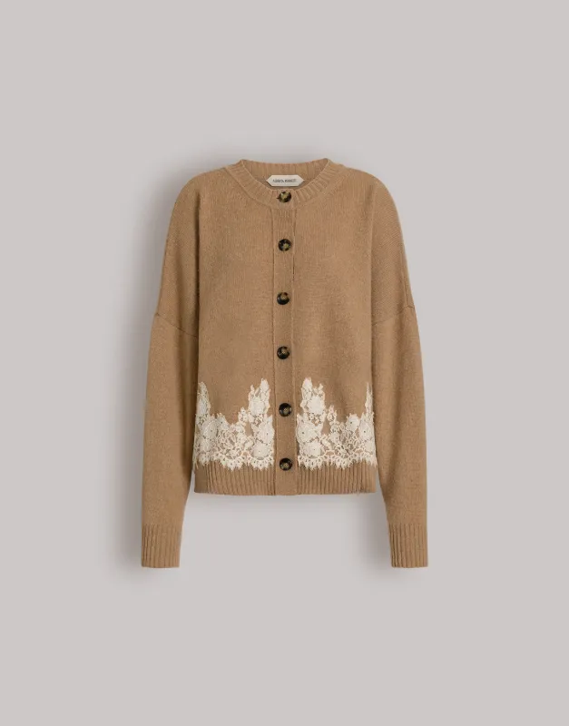 Cardigan in cashmere con bordo in pizzo a contrasto made by Alberta Ferretti