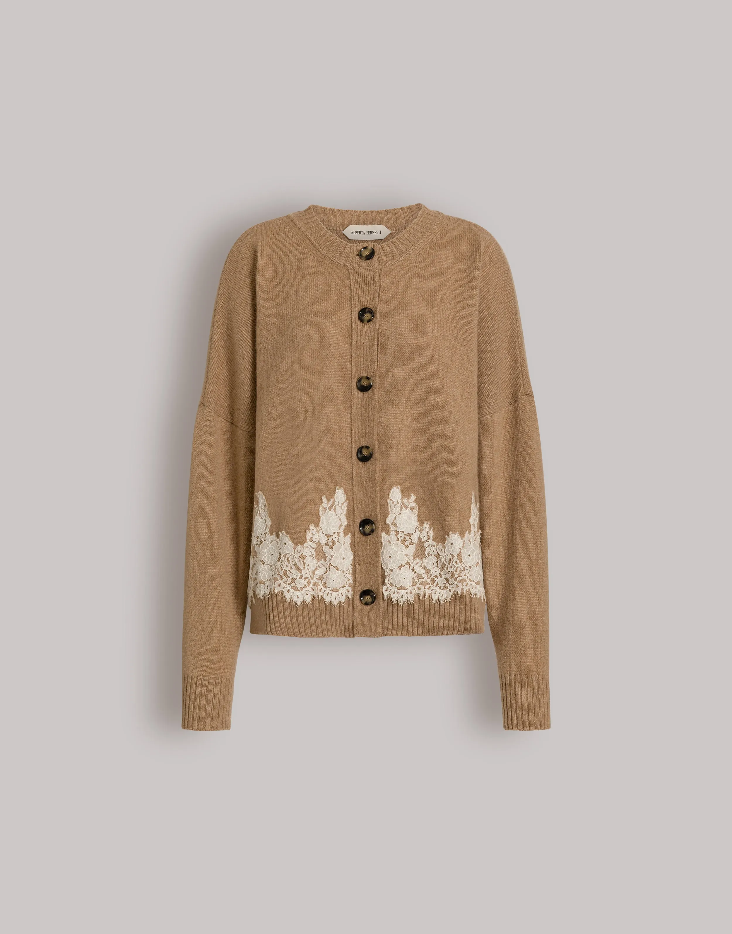 Cardigan in cashmere con bordo in pizzo a contrasto sold by Philosophy di Lorenzo Serafini