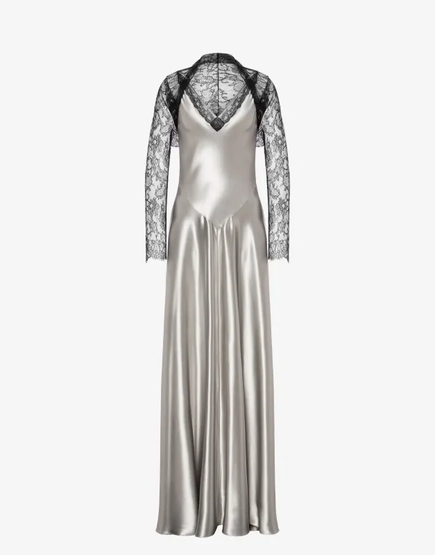 Abito lungo in raso con inserti in pizzo nero made by Alberta Ferretti