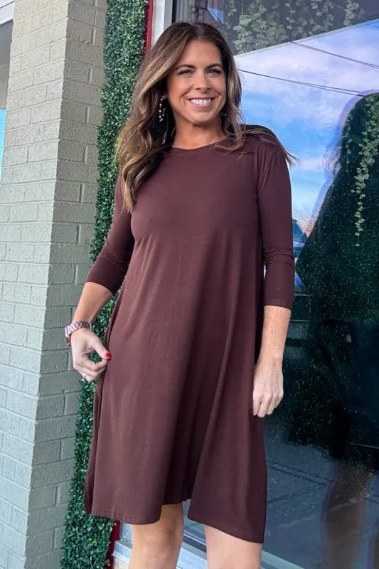 Piko 3/4 Sleeve Swing Dress - Dark Brown sold by Piko 1988