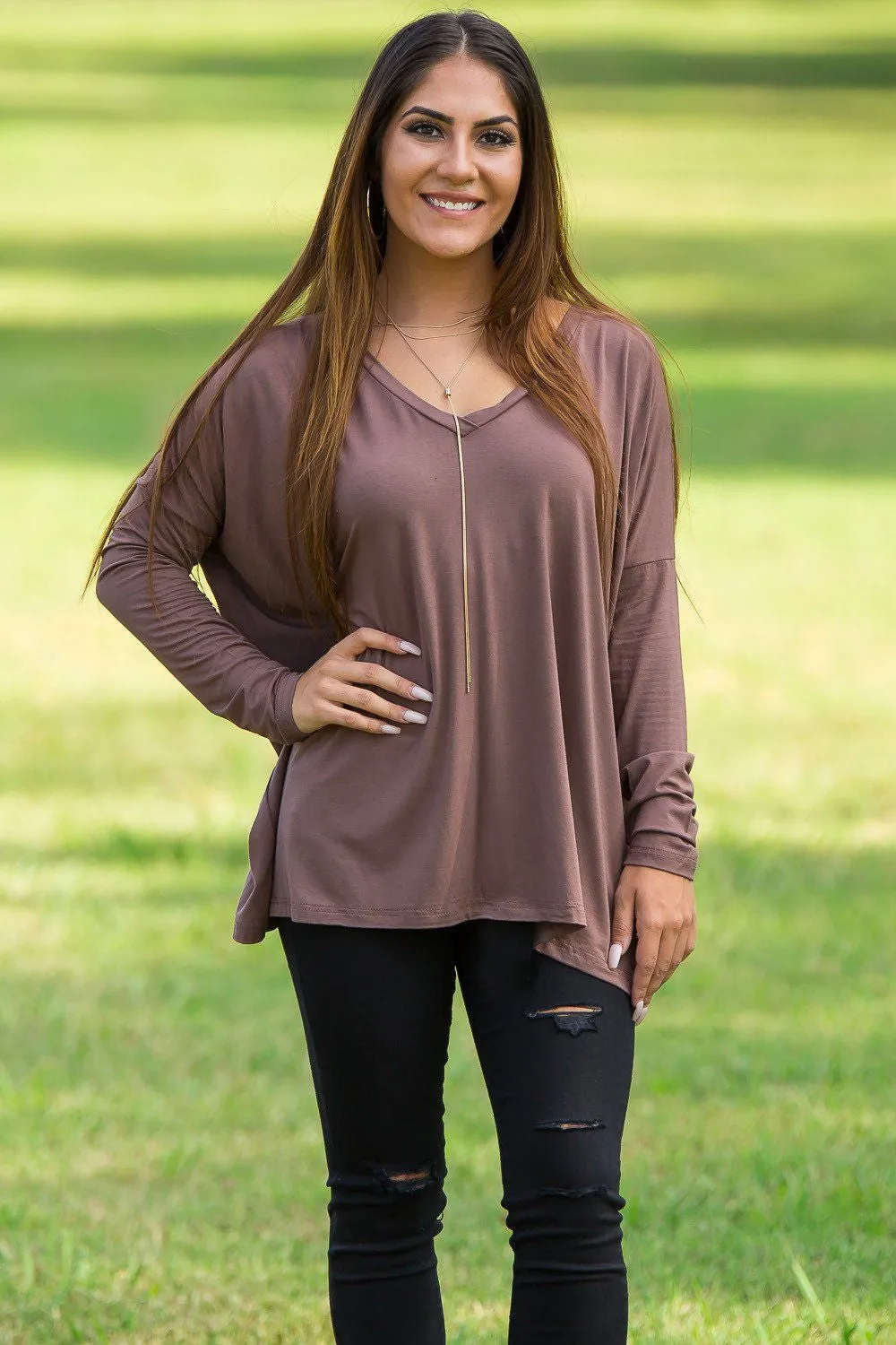 Long Sleeve V-Neck Piko Top -Dark Brown sold by Piko 1988