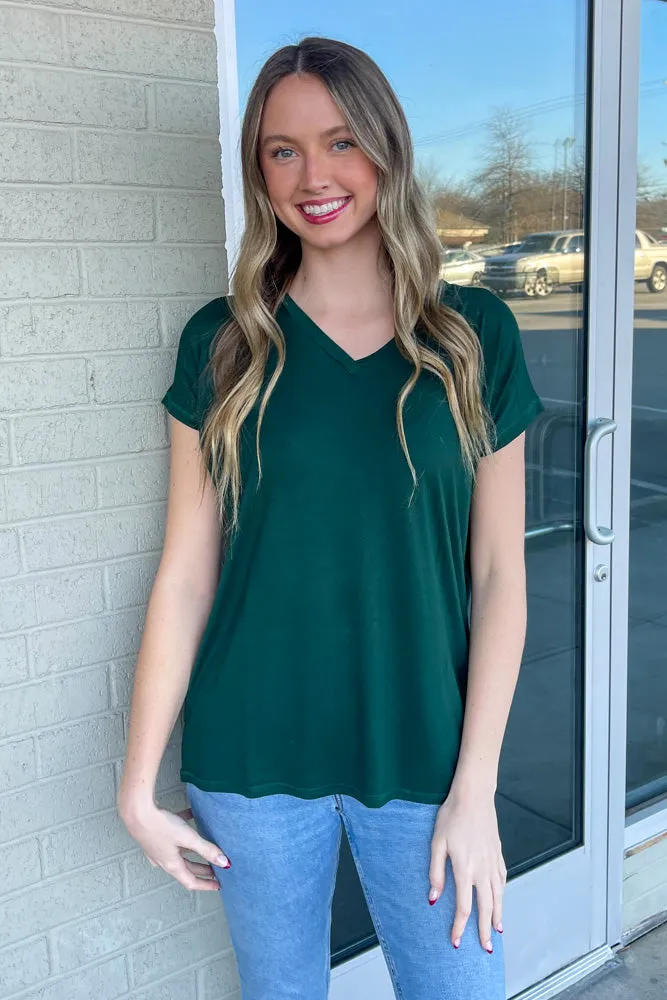 Short Sleeve Rolled Sleeve V-Neck Piko Top - Jade Forest sold by Piko 1988