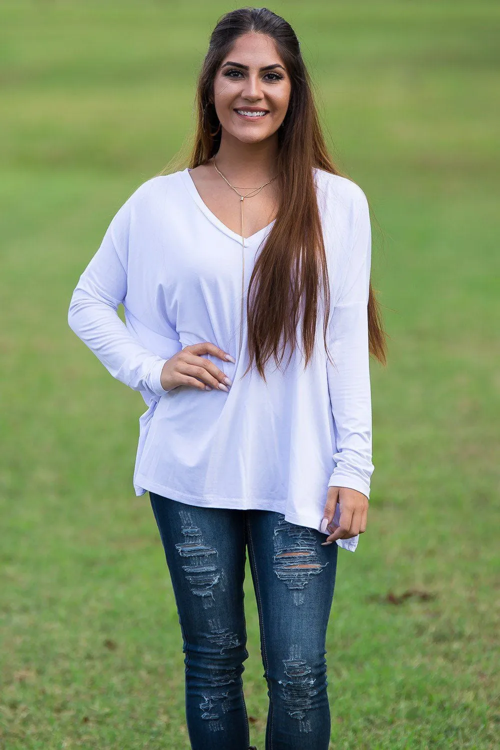 Long Sleeve V-Neck Piko Top - White sold by Piko 1988