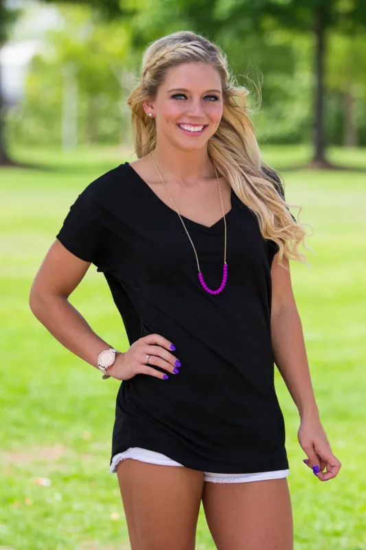 Short Sleeve Rolled Sleeve V-Neck Piko Top - Black sold by Piko 1988