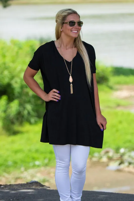Short Sleeve V-Neck Piko Tunic - Black sold by Piko 1988