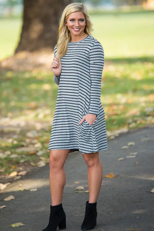 SALE-Piko Long Sleeve Tiny Stripe Swing Dress - Heather/Black sold by Piko 1988