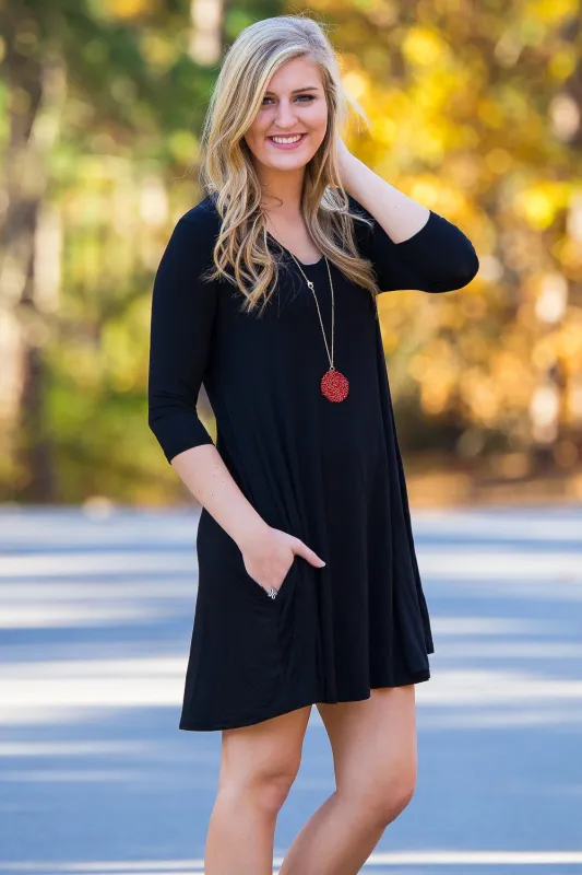 SALE-Piko 3/4 V-Neck Sleeve Swing Dress - Black sold by Piko 1988