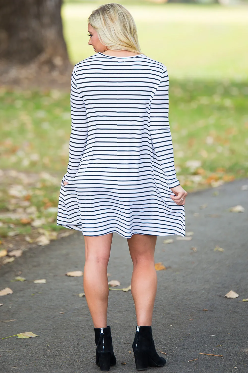 SALE-Piko Long Sleeve Tiny Stripe Swing Dress - White/Black sold by Piko 1988 product image thumbnail 2