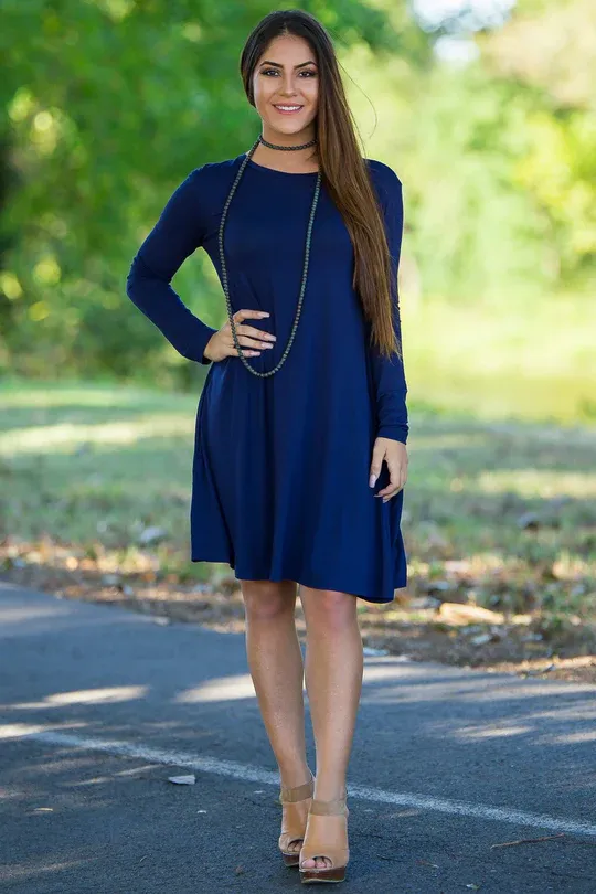 Piko Long Sleeve Swing Dress - Navy sold by Piko 1988