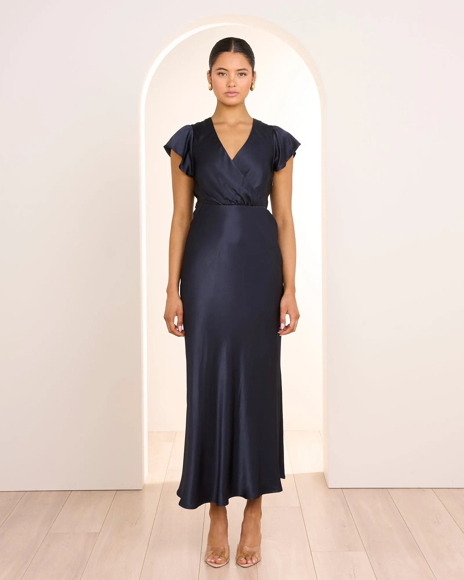 Tahlia Wrap Front Satin Gown sold by Pilgrim