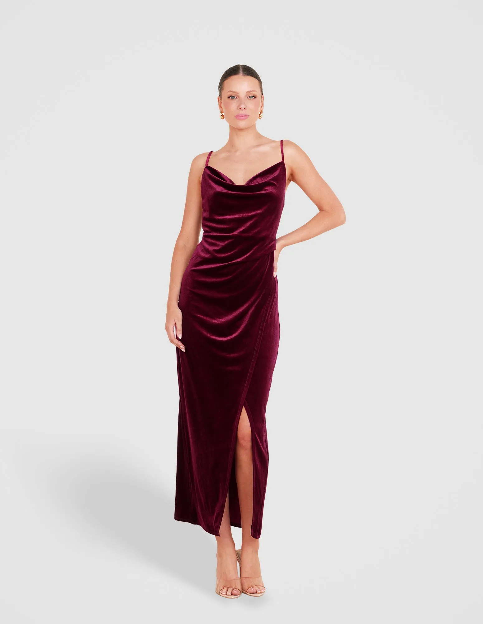 Lauren Cowl Velvet Maxi Dress sold by Pilgrim