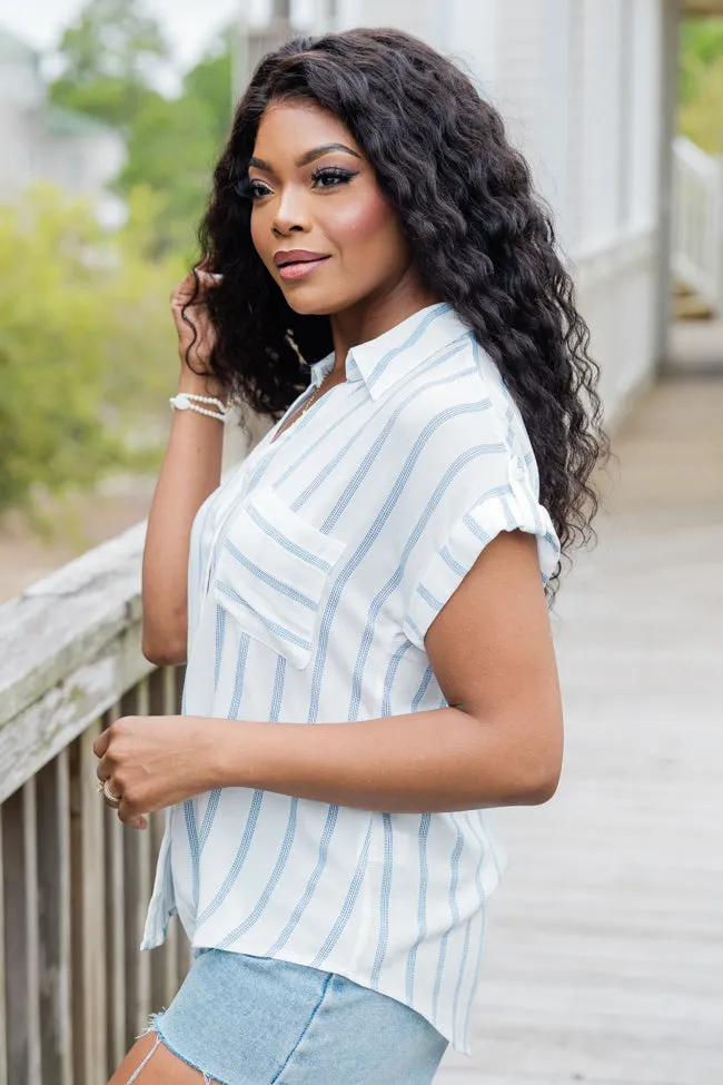 Catching Rays Ivory and Blue Striped Button Front Top SALE sold by Pink Lily product image thumbnail 5