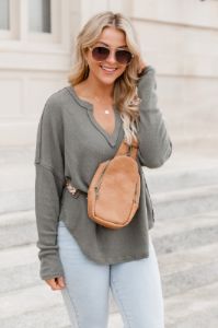 Change Your Mind Dark Olive Brushed Knit Top sold by Pink Lily