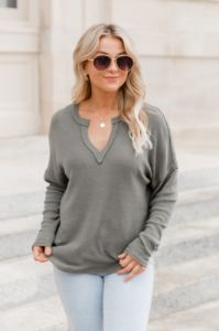 Change Your Mind Dark Olive Brushed Knit Top sold by Pink Lily