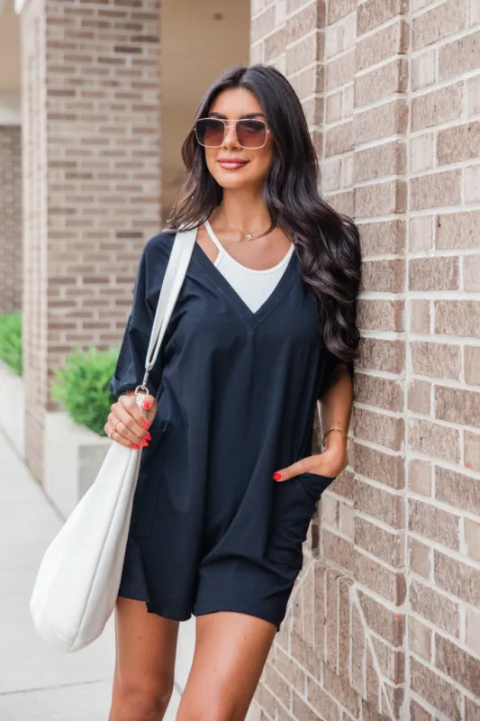On A Daily Basis Black Deep V-Neck Pocketed Romper sold by Pink Lily