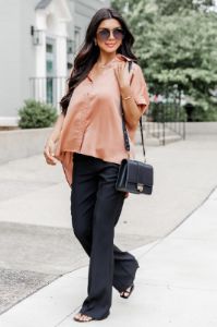 I Need More Terracotta Satin Button Front Short Sleeve Blouse FINAL SALE sold by Pink Lily