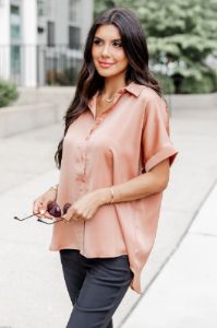 I Need More Terracotta Satin Button Front Short Sleeve Blouse FINAL SALE sold by Pink Lily