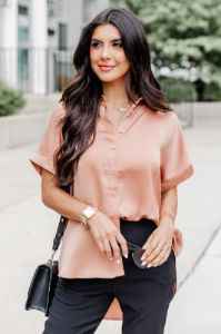 I Need More Terracotta Satin Button Front Short Sleeve Blouse FINAL SALE sold by Pink Lily