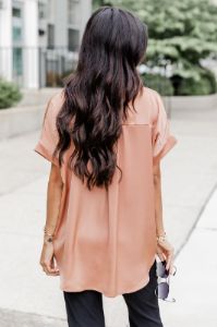 I Need More Terracotta Satin Button Front Short Sleeve Blouse FINAL SALE sold by Pink Lily