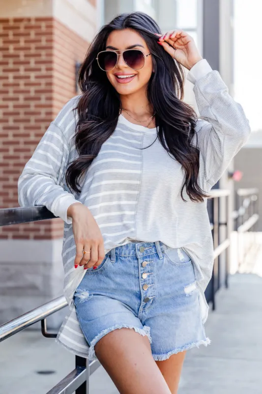 Doing The Most Grey Striped Oversized Shirt FINAL SALE sold by Pink Lily
