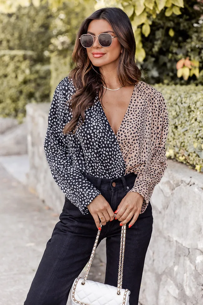 Can't Deny My Love Black and Taupe Spliced Leopard Print Bodysuit FINAL SALE sold by Pink Lily