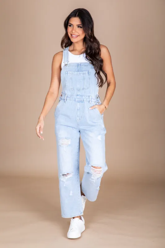 Just A Normal Girl Light Wash Distressed Straight Leg Denim Overalls FINAL SALE made by Pink Lily