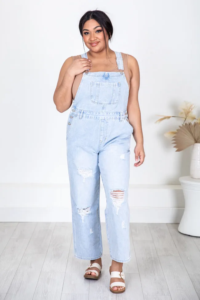 Just A Normal Girl Light Wash Distressed Straight Leg Denim Overalls FINAL SALE sold by Pink Lily product image thumbnail 5