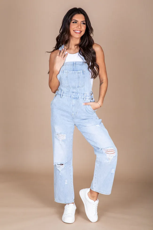 Just A Normal Girl Light Wash Distressed Straight Leg Denim Overalls FINAL SALE sold by Pink Lily product image thumbnail 2