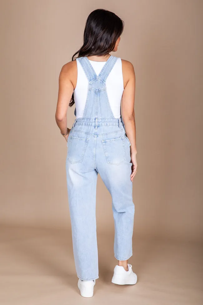 Just A Normal Girl Light Wash Distressed Straight Leg Denim Overalls FINAL SALE sold by Pink Lily product image thumbnail 4