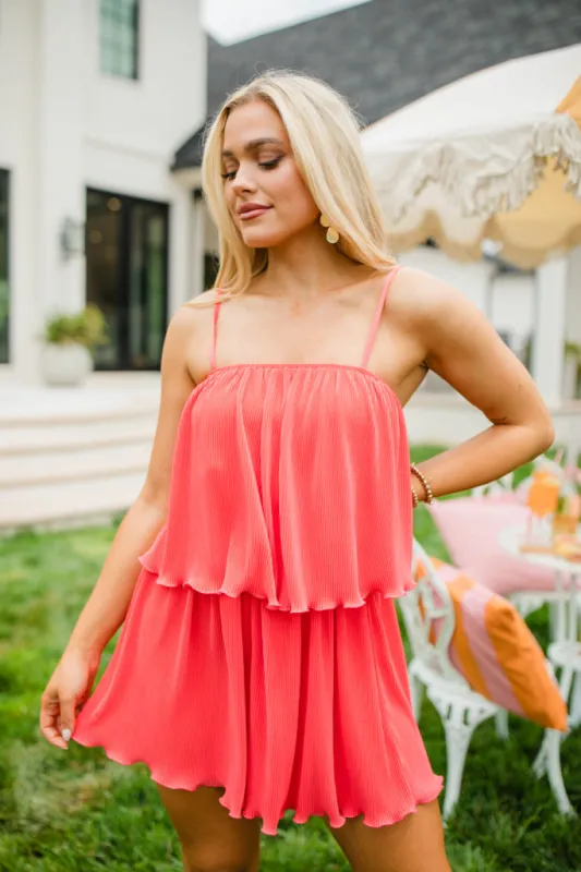 In the Afterglow Hot Coral Pleated Romper FINAL SALE sold by Pink Lily