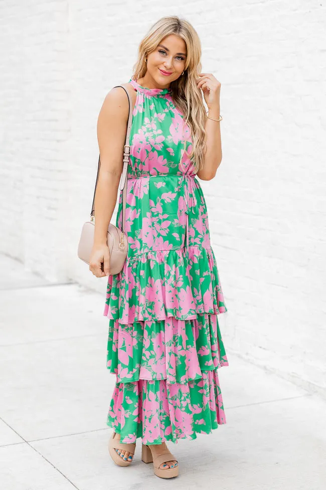 An Inspiration Green and Pink Printed Satin Halter Maxi Dress FINAL SALE sold by Pink Lily