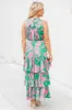 An Inspiration Green and Pink Printed Satin Halter Maxi Dress FINAL SALE sold by Pink Lily
