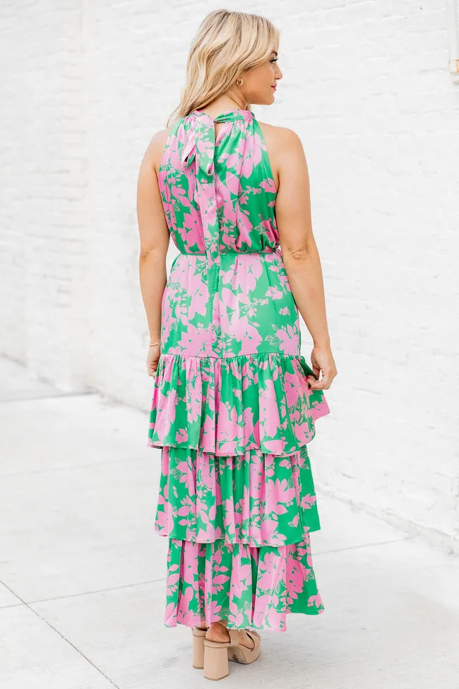 An Inspiration Green and Pink Printed Satin Halter Maxi Dress FINAL SALE sold by Pink Lily product image thumbnail 4