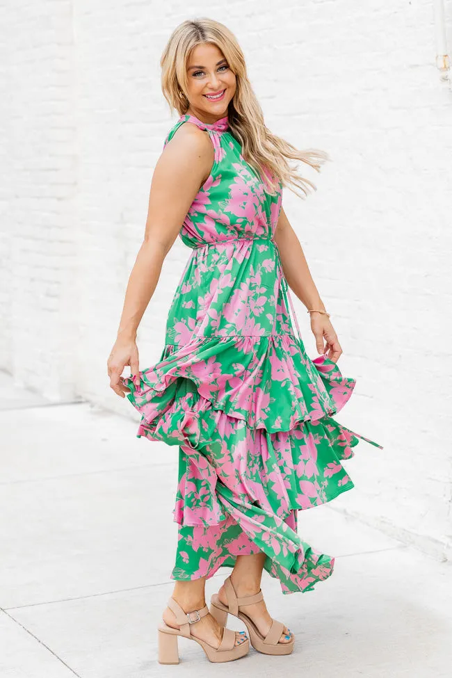 An Inspiration Green and Pink Printed Satin Halter Maxi Dress FINAL SALE sold by Pink Lily product image thumbnail 2