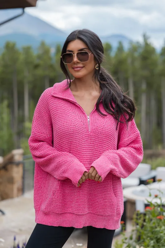 I Jump Too Hot Pink Chenille Quarter Zip Pullover sold by Pink Lily