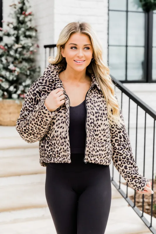 Make You Believe Brown Cropped Animal Print Puffer Jacket FINAL SALE sold by Pink Lily