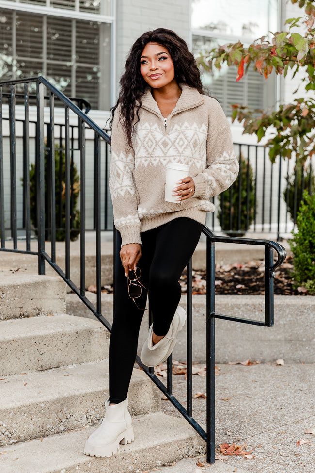 Fuzzy Printed Quarter Zip Beige sold by Pink Lily product image thumbnail 2