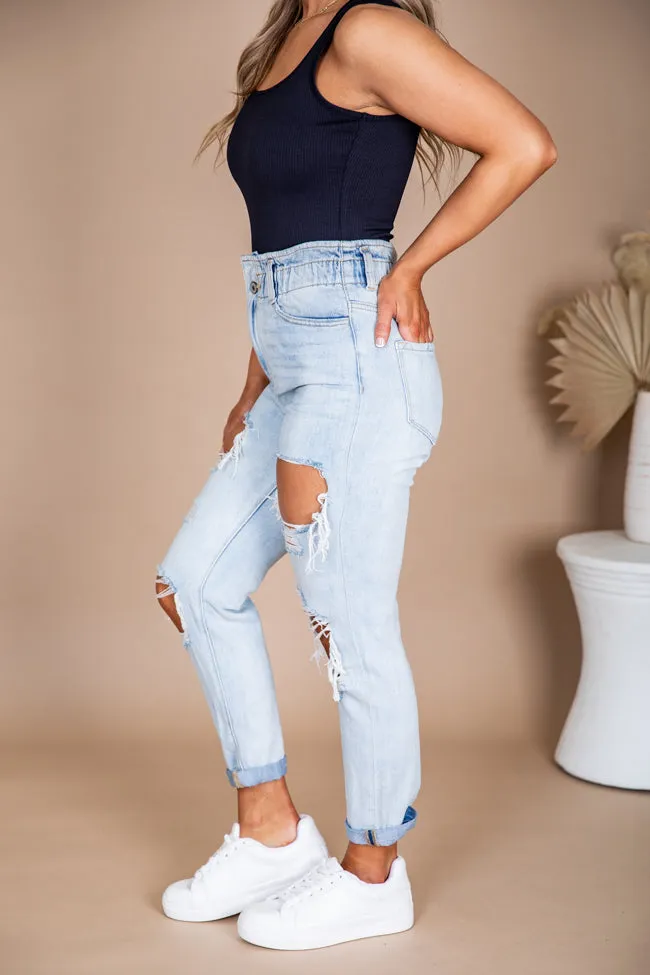 Kristen Paperbag Waist Light Wash Distressed Mom Jeans FINAL SALE sold by Pink Lily product image thumbnail 3