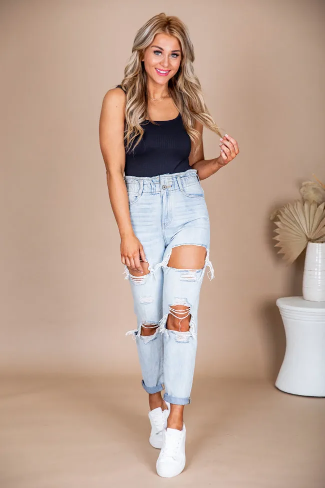 Kristen Paperbag Waist Light Wash Distressed Mom Jeans FINAL SALE sold by Pink Lily product image thumbnail 5
