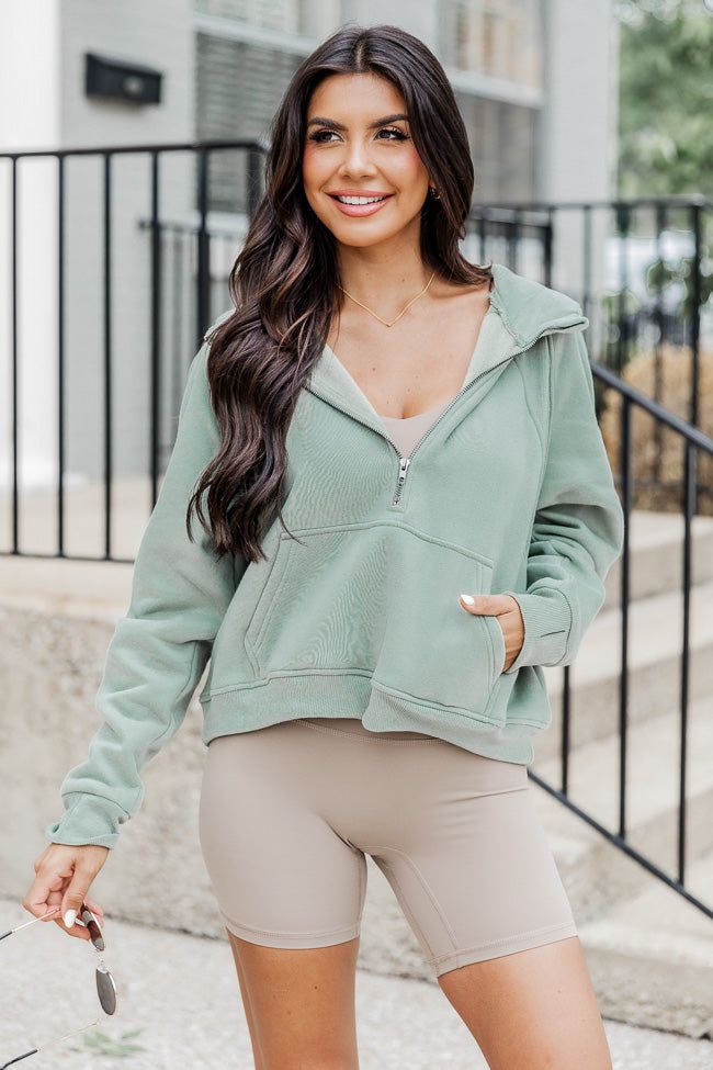 Making It Look Easy Olive Ribbed Shoulder Quarter Zip Pullover sold by Pink Lily