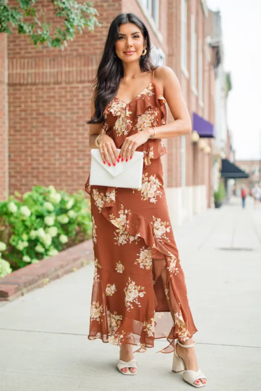 Goes Both Ways Brown Ruffle Detail Floral Midi Dress sold by Pink Lily